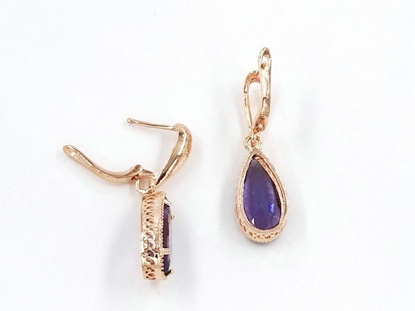 Pear shaped amethyst dangling earring in 18K white gold, gift for her, gift for mom, February birthstone