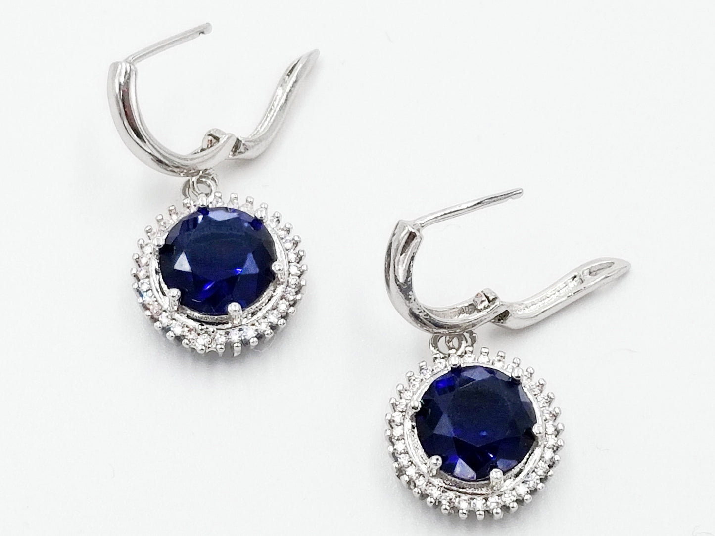 Large halo sapphire dangle earrings, dark blue round gemstone drops, blue statement earrings,gift for her, gift for mom