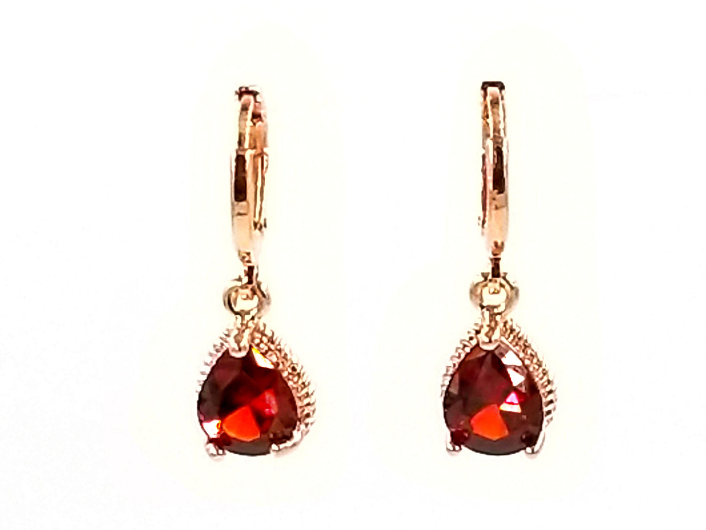Garnet teardrop huggie dangle earrings 18k white gold, red gemstone bezel earrings, gift for her, gift for daughter, January birthstone