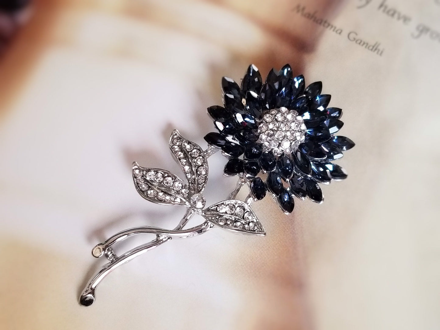 Sapphire crystal sunflower brooch in 18k white gold, gift for her, gift for mom