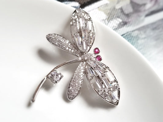 Large pave baguette stones and ruby dragonfly brooch in 18kt white gold rhodium, gift fo her, gift for mom