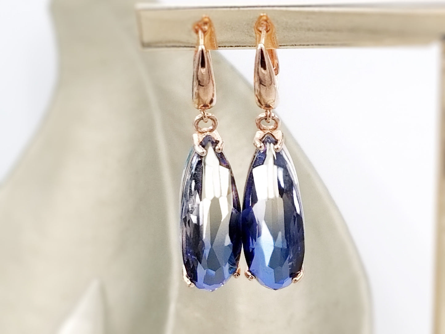 Large pear shaped gradient sapphire blue crystal dangling earring in 14K rose gold, gift for her, gift for mom