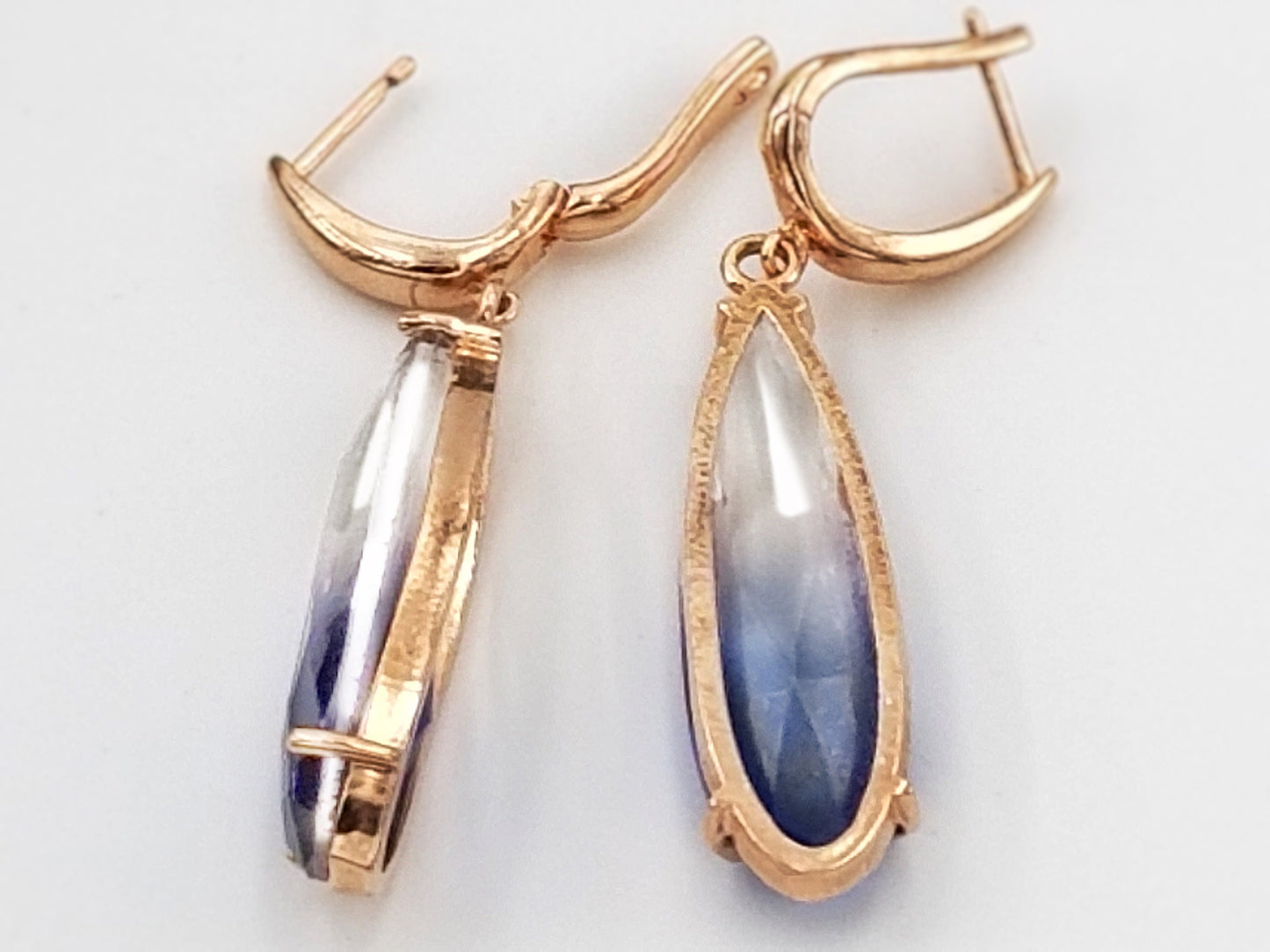 Large pear shaped gradient sapphire blue crystal dangling earring in 14K rose gold, gift for her, gift for mom