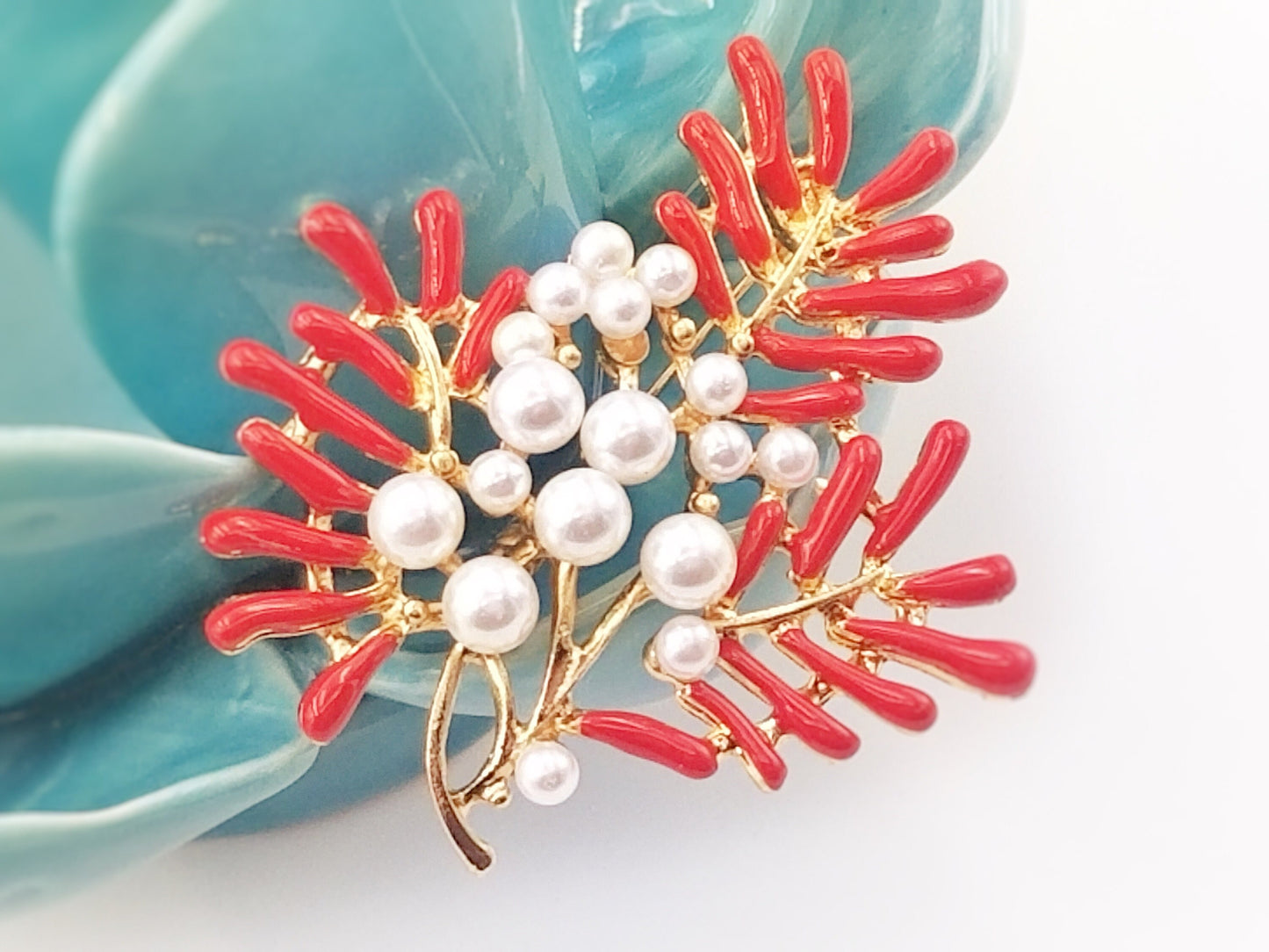 Red coral enameled and white pearls large brooch pin in 14K gold plated, pearl brooch, gift for her, gift for mom