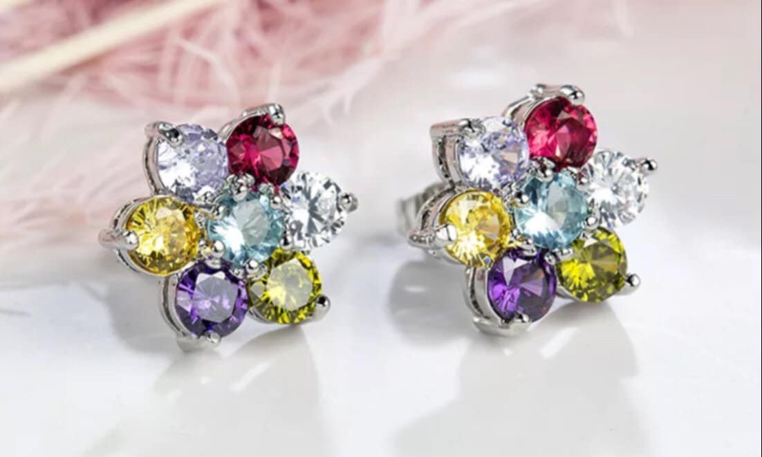 Multi-color gemstone stud earrings in 18k white gold, rainbow gemstone stud earrings, flower stud earrings, gift for her, gift for mom