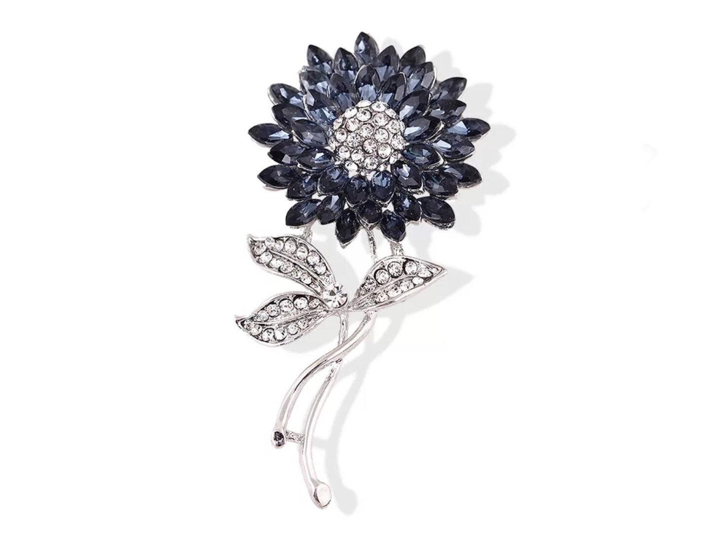 Sapphire crystal sunflower brooch in 18k white gold, gift for her, gift for mom