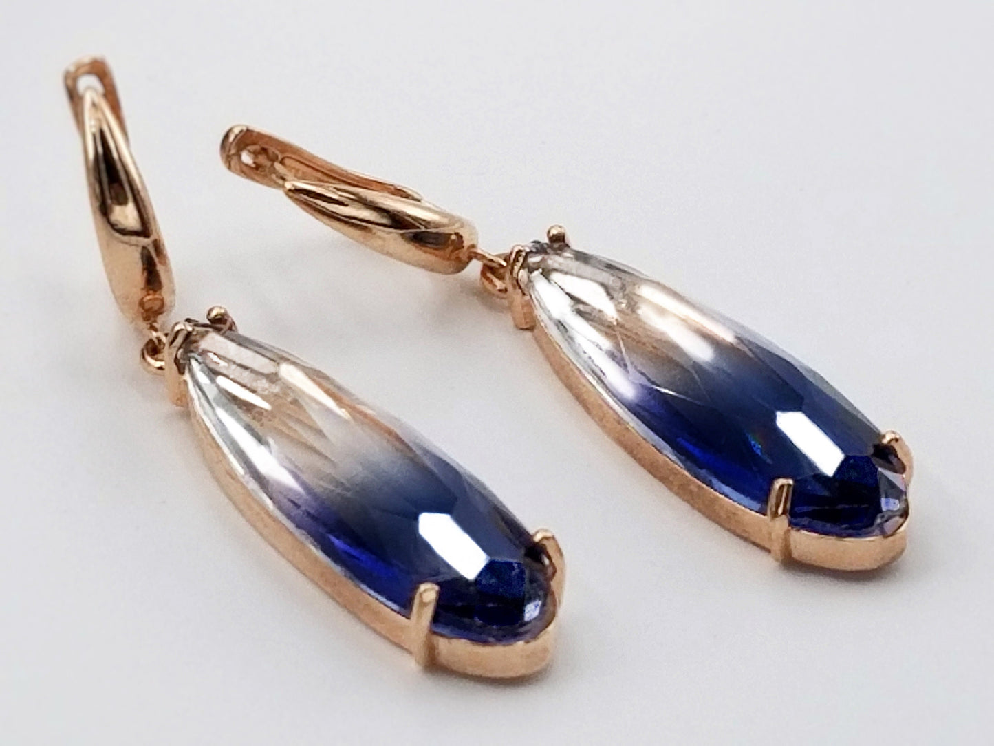 Large pear shaped gradient sapphire blue crystal dangling earring in 14K rose gold, gift for her, gift for mom