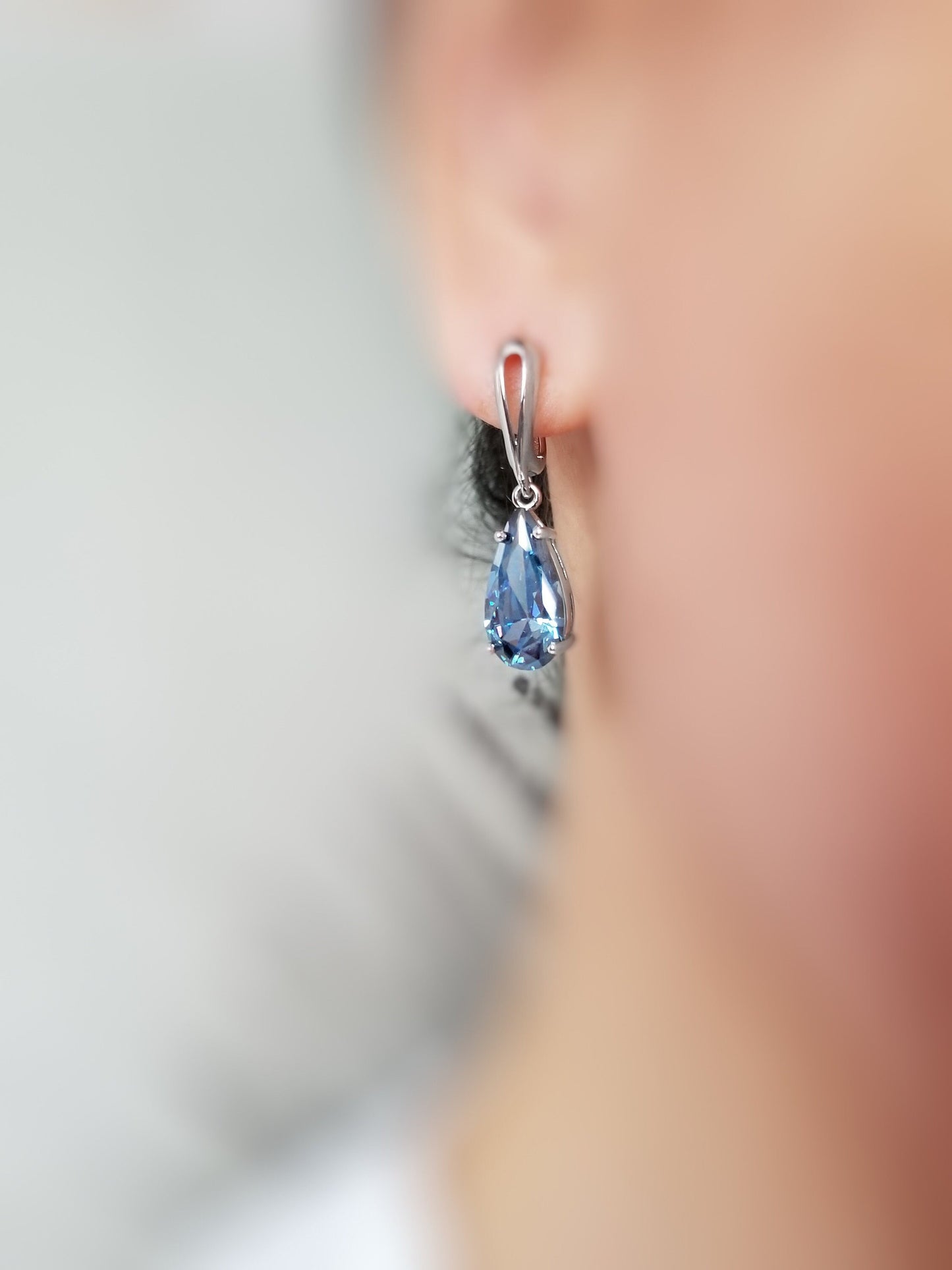 Pear cut London blue topaz dangling earring in 18k WG, gift for her, gift for mom