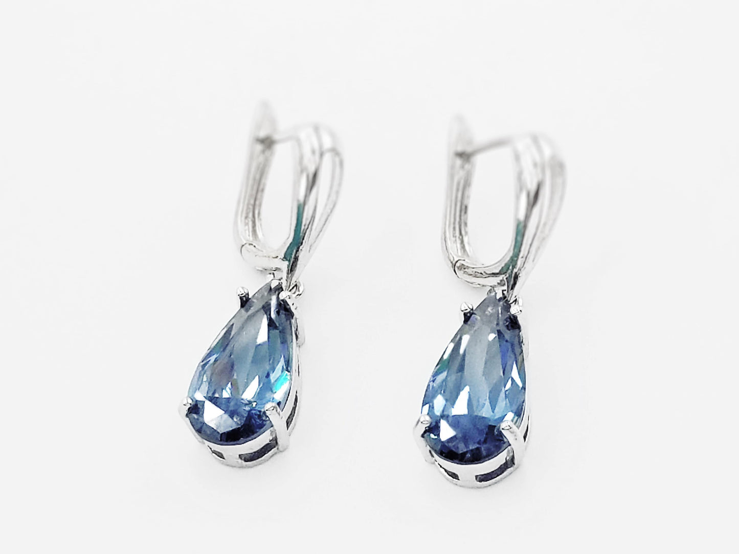 Pear cut London blue topaz dangling earring in 18k WG, gift for her, gift for mom