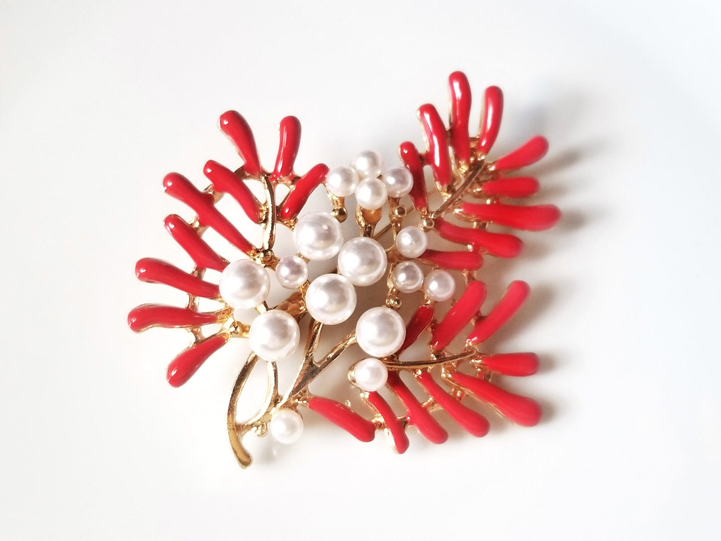 Red coral enameled and white pearls large brooch pin in 14K gold plated, pearl brooch, gift for her, gift for mom