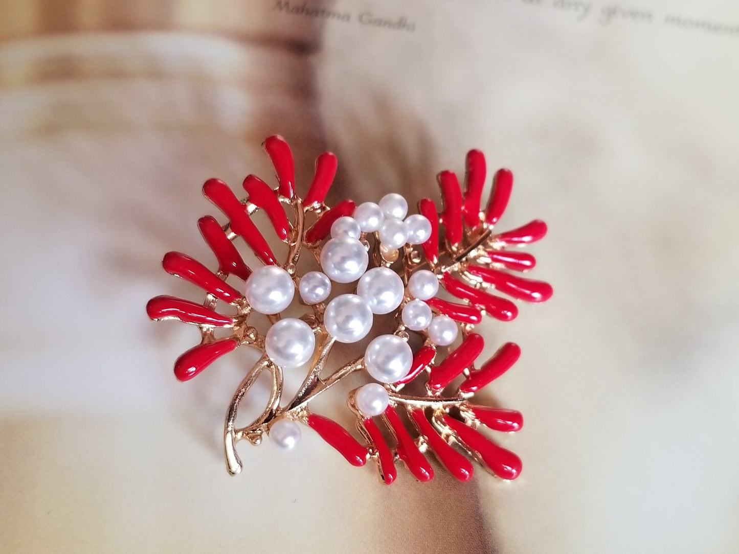 Red coral enameled and white pearls large brooch pin in 14K gold plated, pearl brooch, gift for her, gift for mom