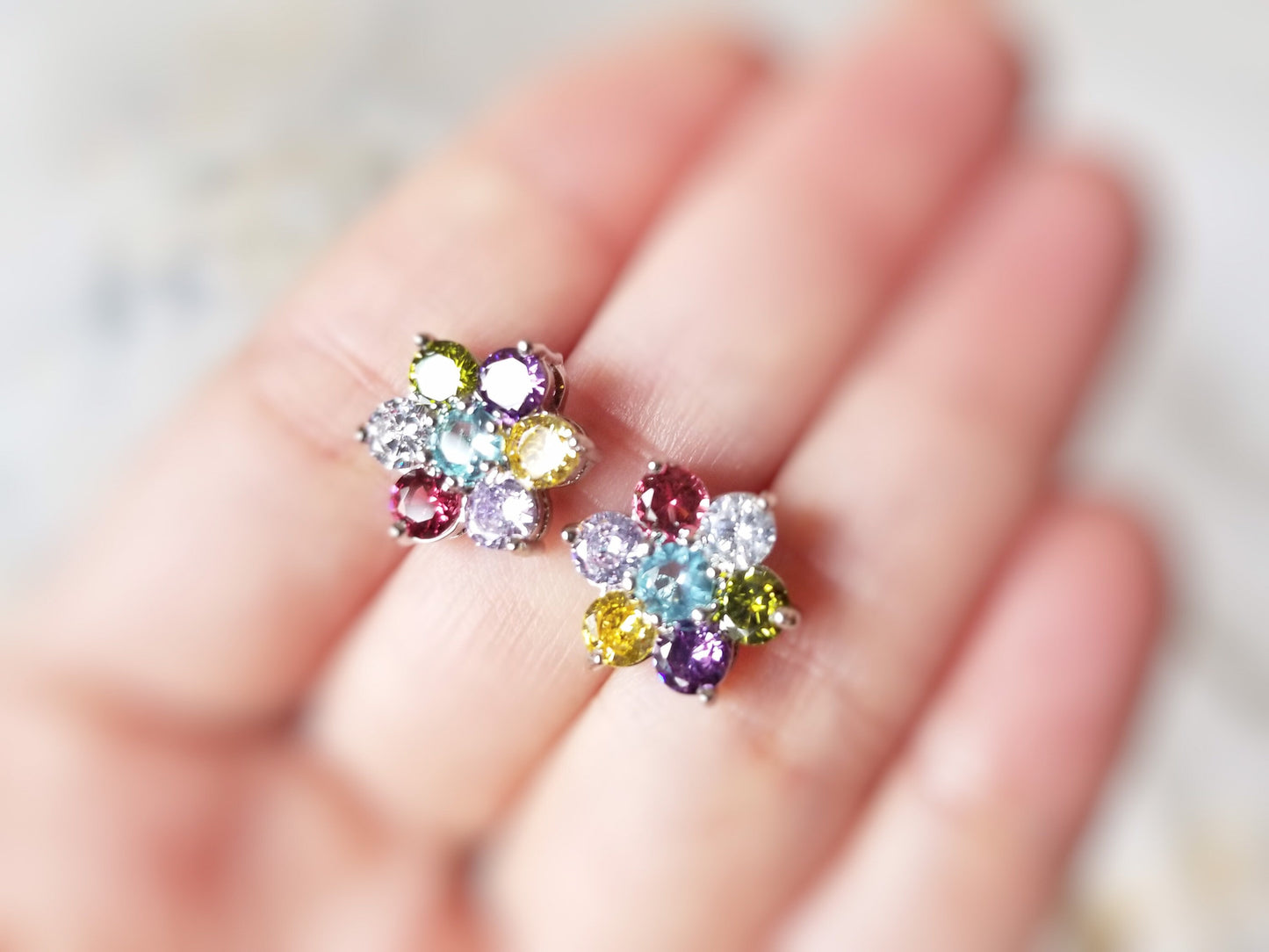 Multi-color gemstone stud earrings in 18k white gold, rainbow gemstone stud earrings, flower stud earrings, gift for her, gift for mom