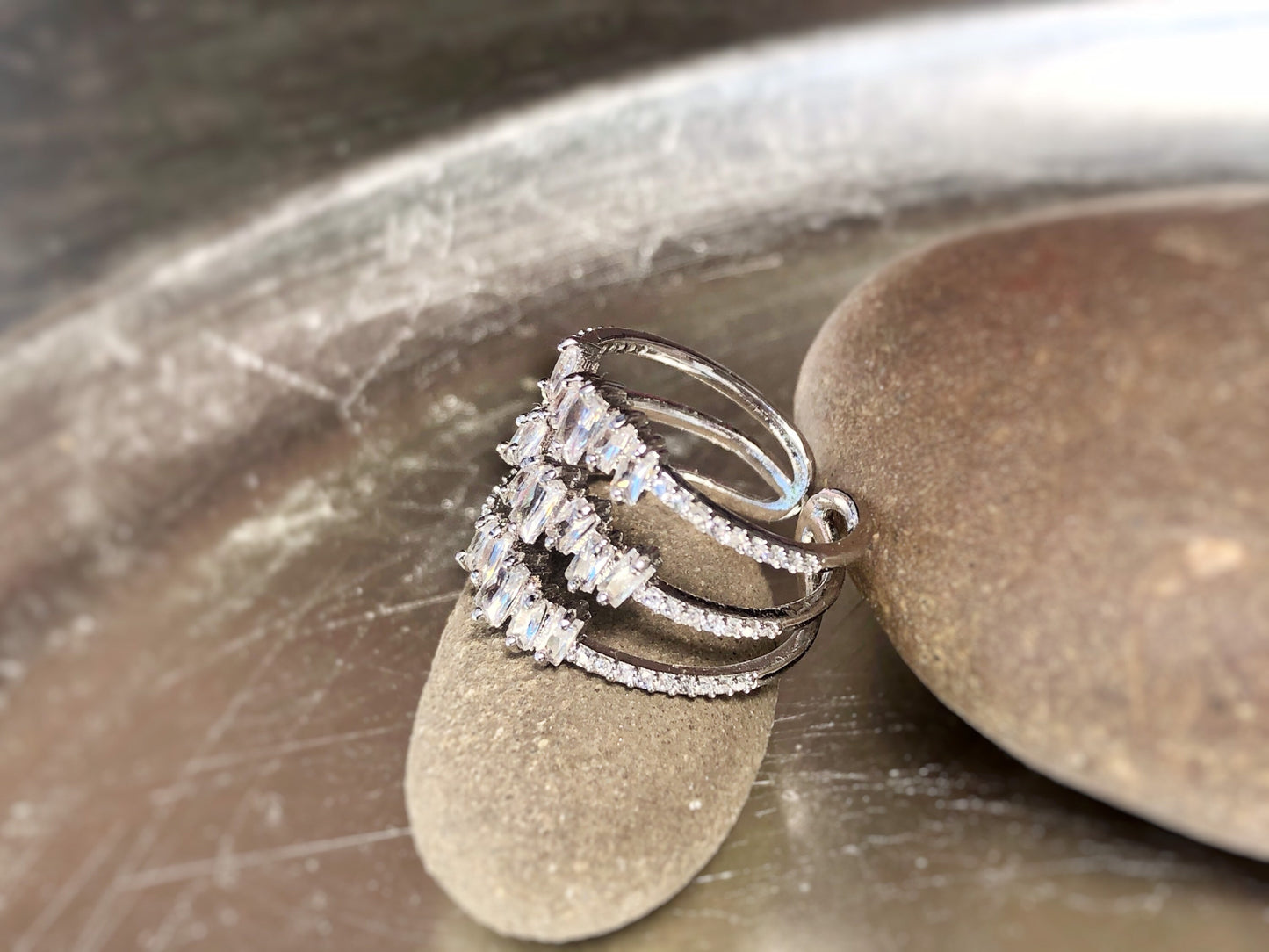 Three band statement ring with baguette CZ stones set in 18k white gold plated, gift for her, mother’s day gift