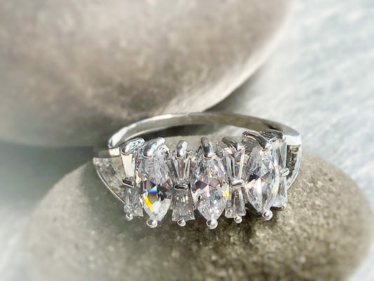 Marquise and baguette stone statement ring in 18k white gold, gift for her, gift for mom