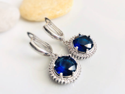 Large halo sapphire dangle earrings, dark blue round gemstone drops, blue statement earrings,gift for her, gift for mom