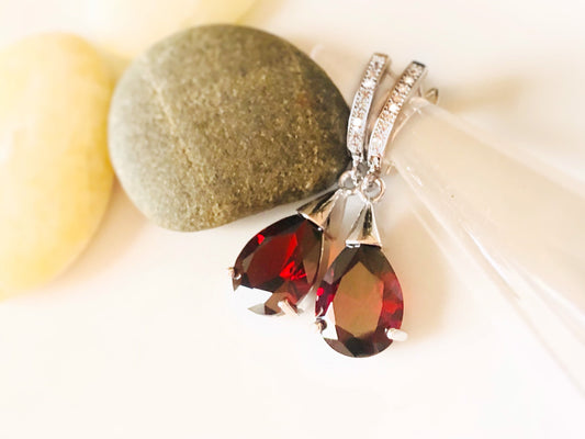 Teardrop garnet dangling earrings, red gemstone drop earrings, gift for her, gift for mom, red bridal earrings, January birthstone earrings