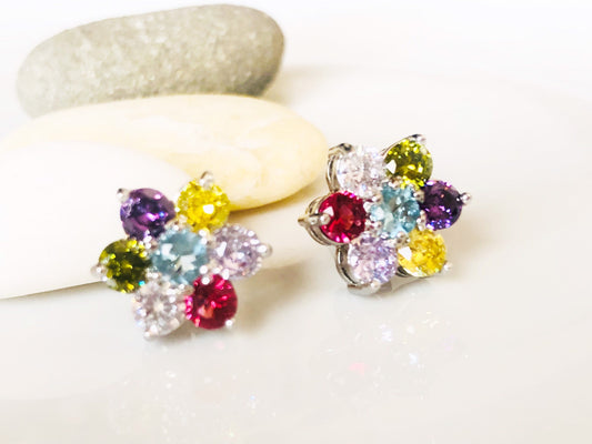 Multi-color gemstone stud earrings in 18k white gold, rainbow gemstone stud earrings, flower stud earrings, gift for her, gift for mom