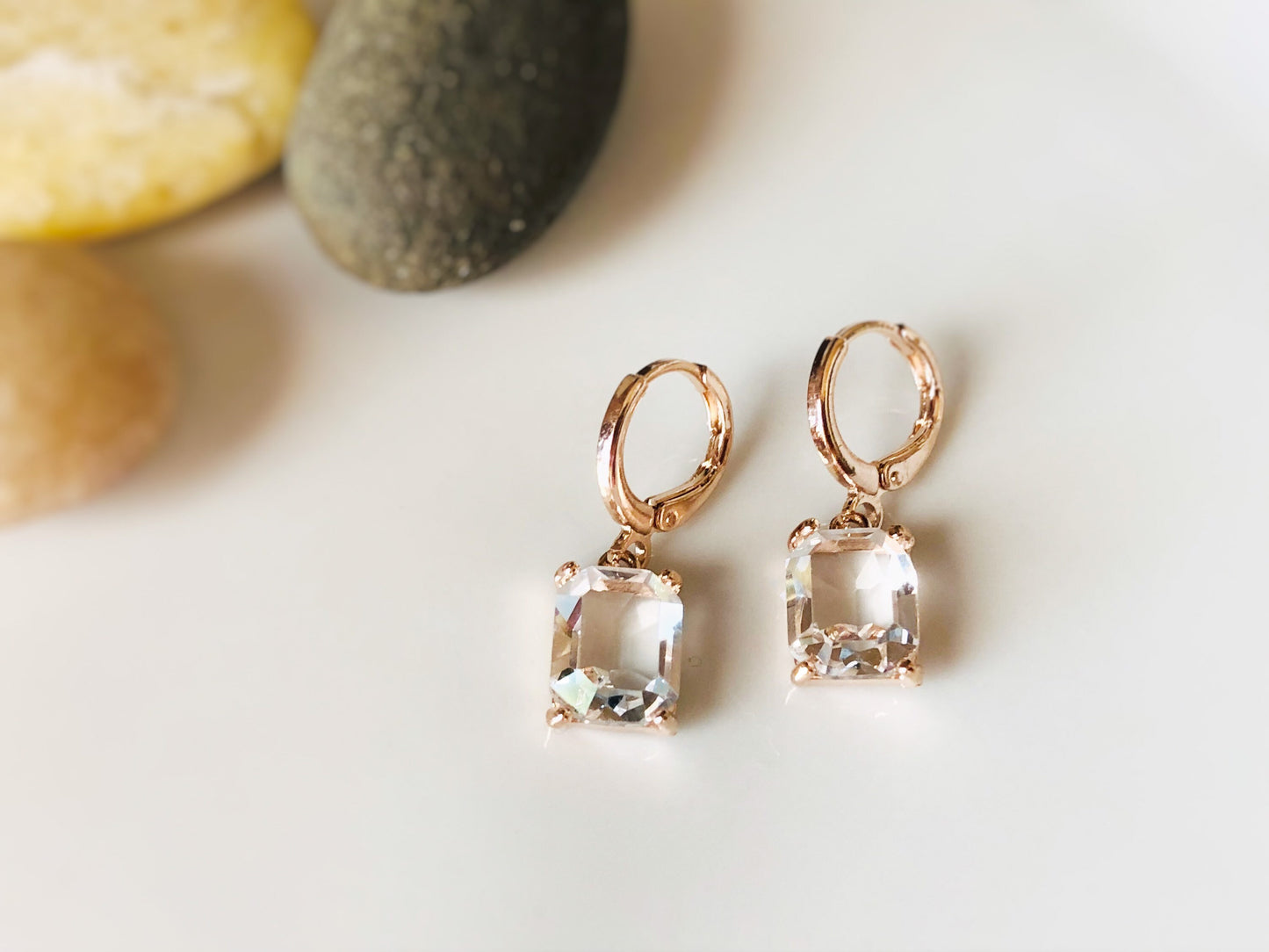 Small emerald cut white sapphire dangle earring, white gemstone drop earrings, April birthstone, gift for her, gift for girl