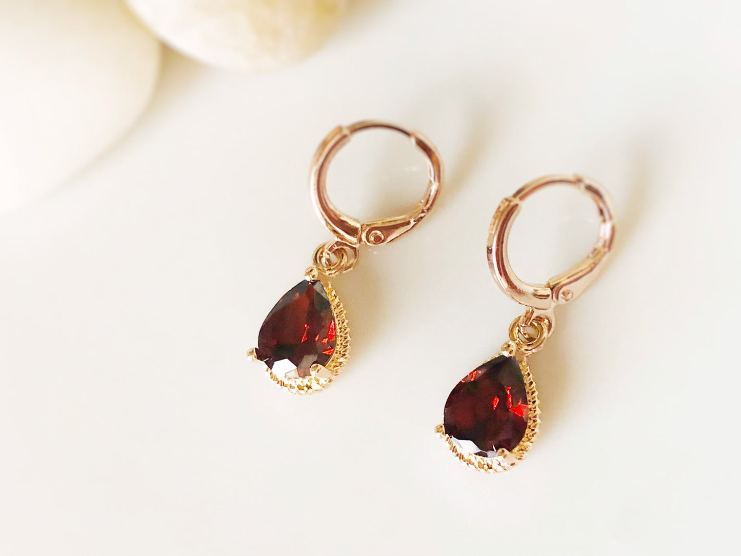 Garnet teardrop huggie dangle earrings 18k white gold, red gemstone bezel earrings, gift for her, gift for daughter, January birthstone