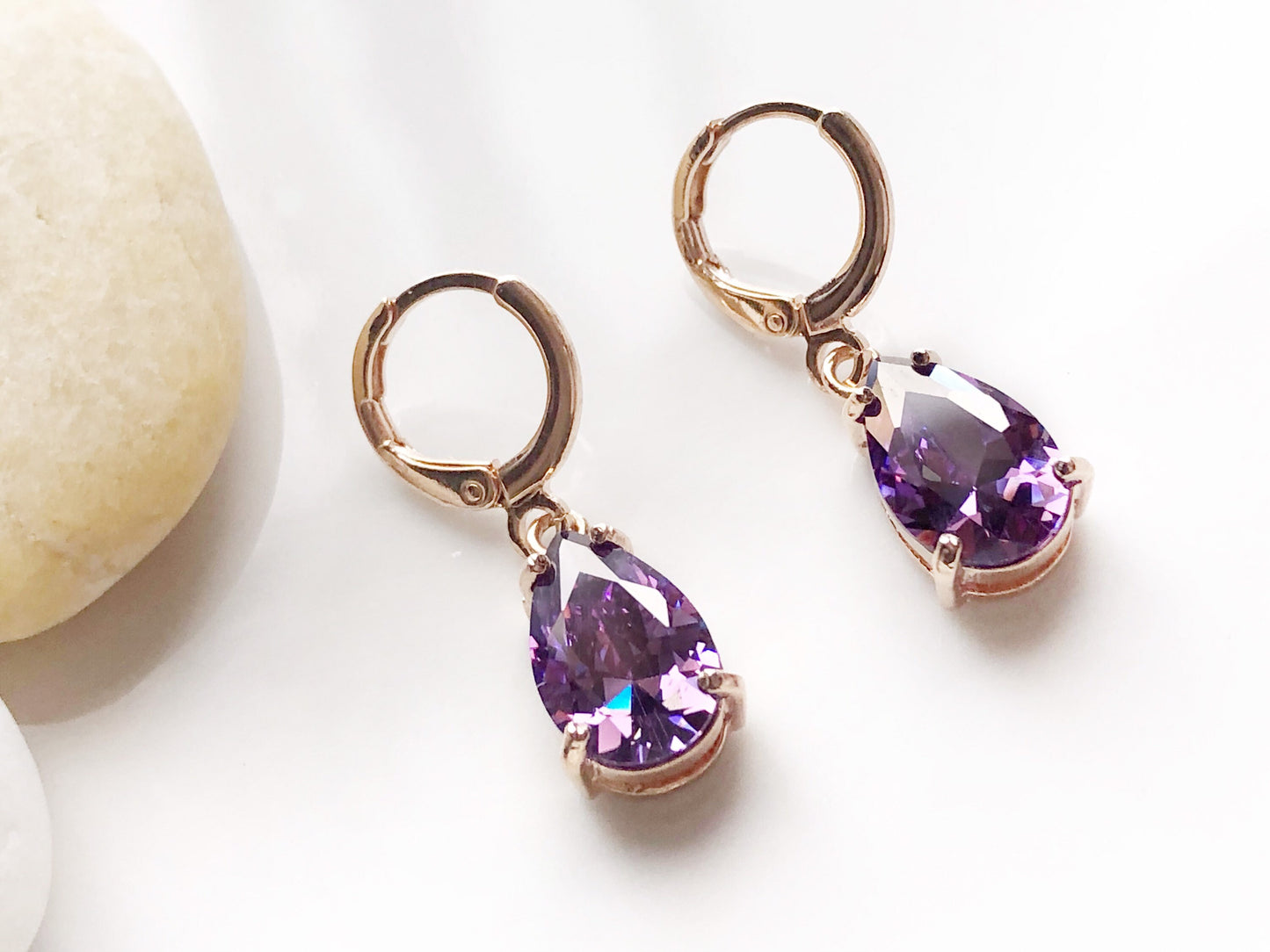 Amethyst gemstone huggie dangling earring in 14K rose gold, February birthstones, purple gemstone earrings, gift for her, gift for mom