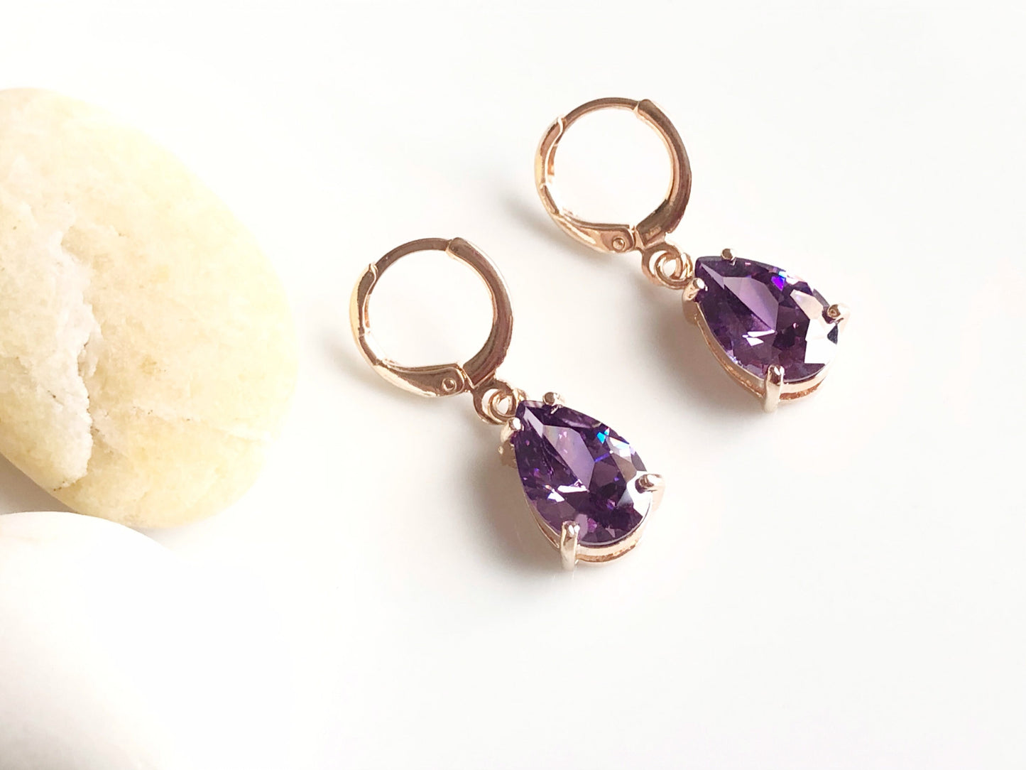 Amethyst gemstone huggie dangling earring in 14K rose gold, February birthstones, purple gemstone earrings, gift for her, gift for mom