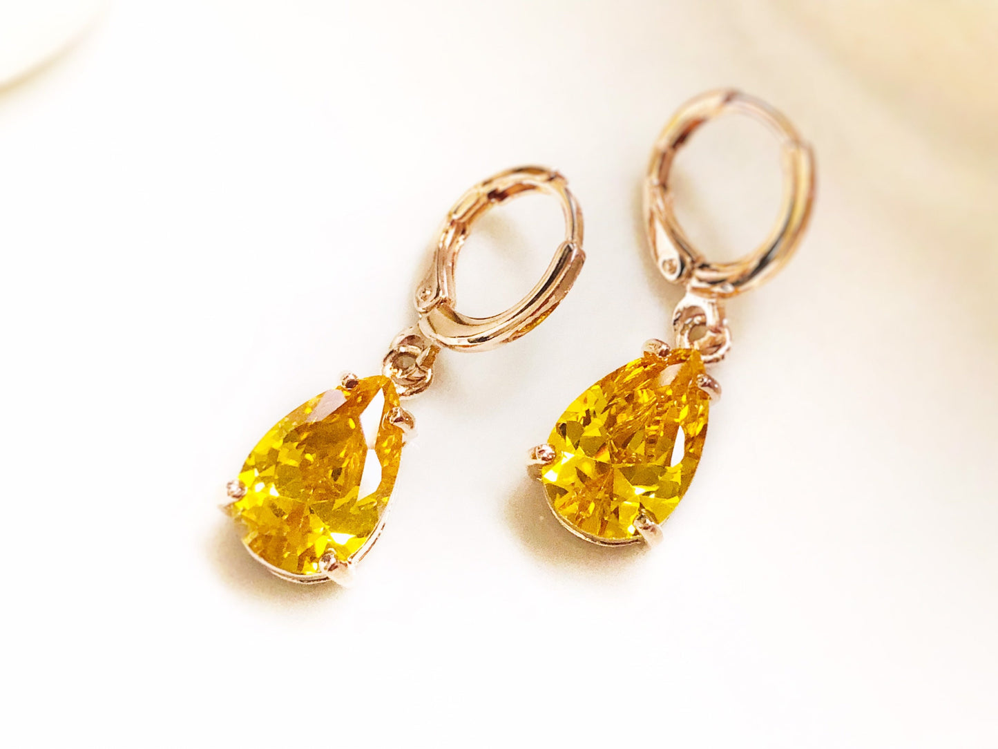Citrine gemstone huggie dangling earring in 18K white gold, November birthstones, yellow gemstone earrings,gift for her, gift for mom