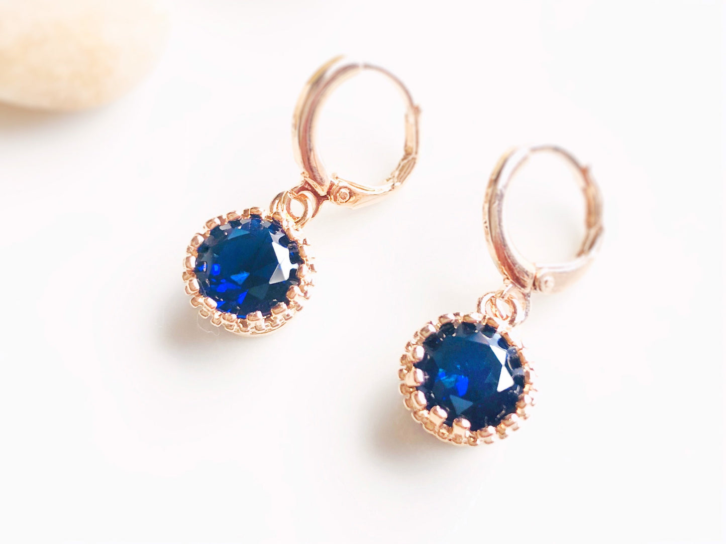 Blue sapphire 8mm dangle earrings, blue gemstone round bezel earrings, gift for her, gift for daughter, September birthstone