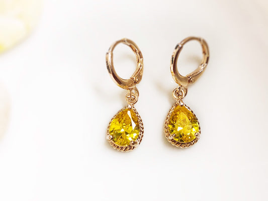 Citrine teardrop bezel dangle earrings rose gold, small teardrop yellow gemstone earrings, gift for her, gift for mom, November birthstones