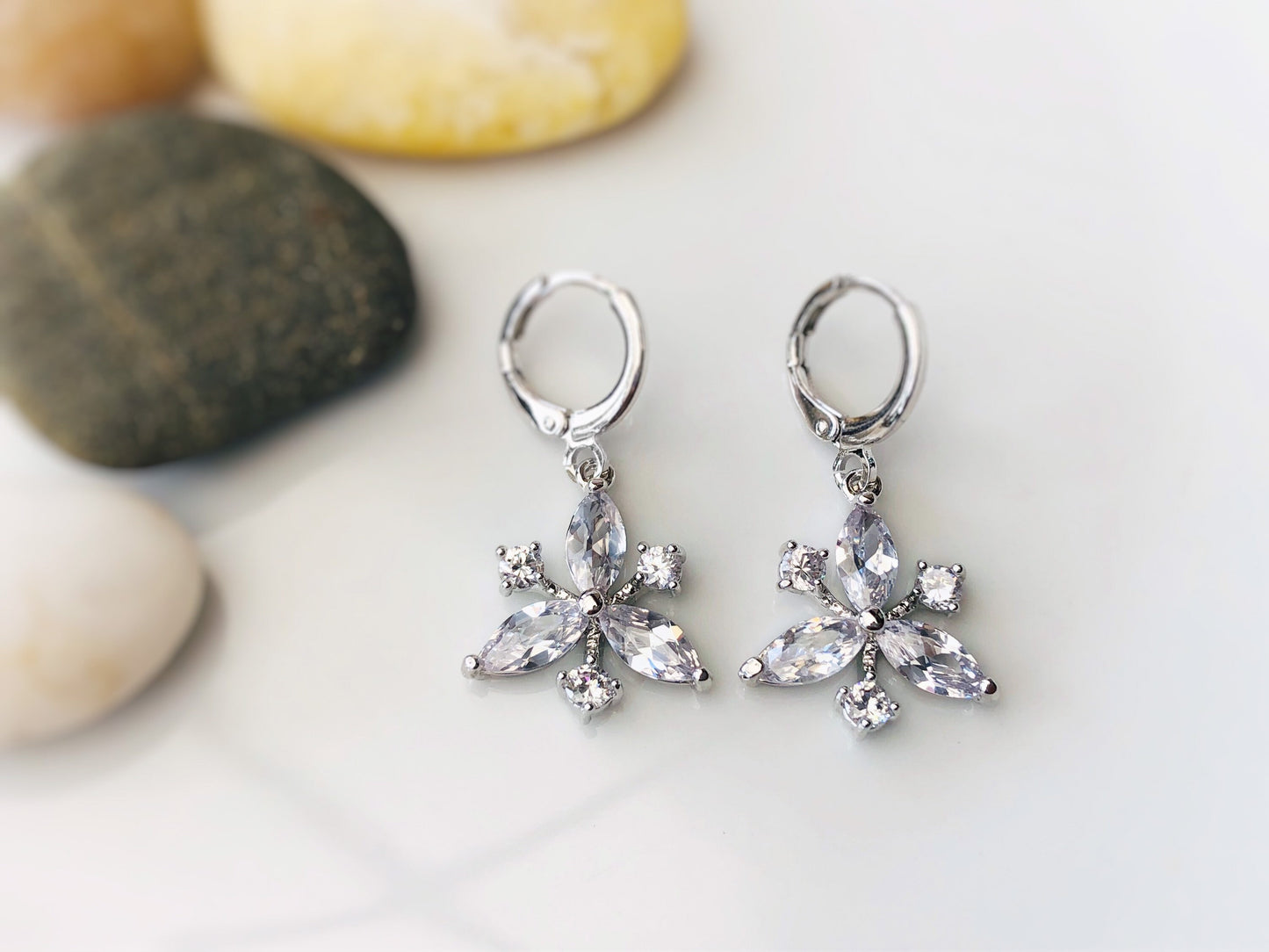 White sapphire cluster dangling earring in 18k white gold filled, snowflake drop earrings, gift for her, gift for mom