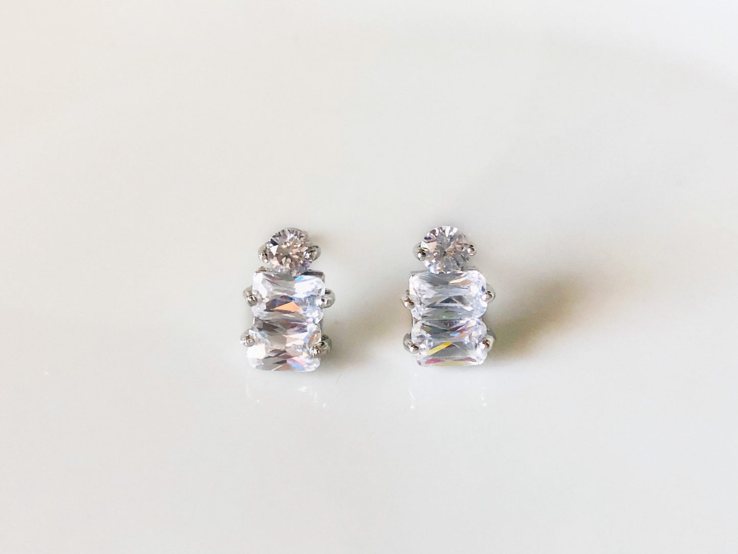 Three stone white sapphire studs earrings, cluster white stone stud earrings, gift for her, April birthstone