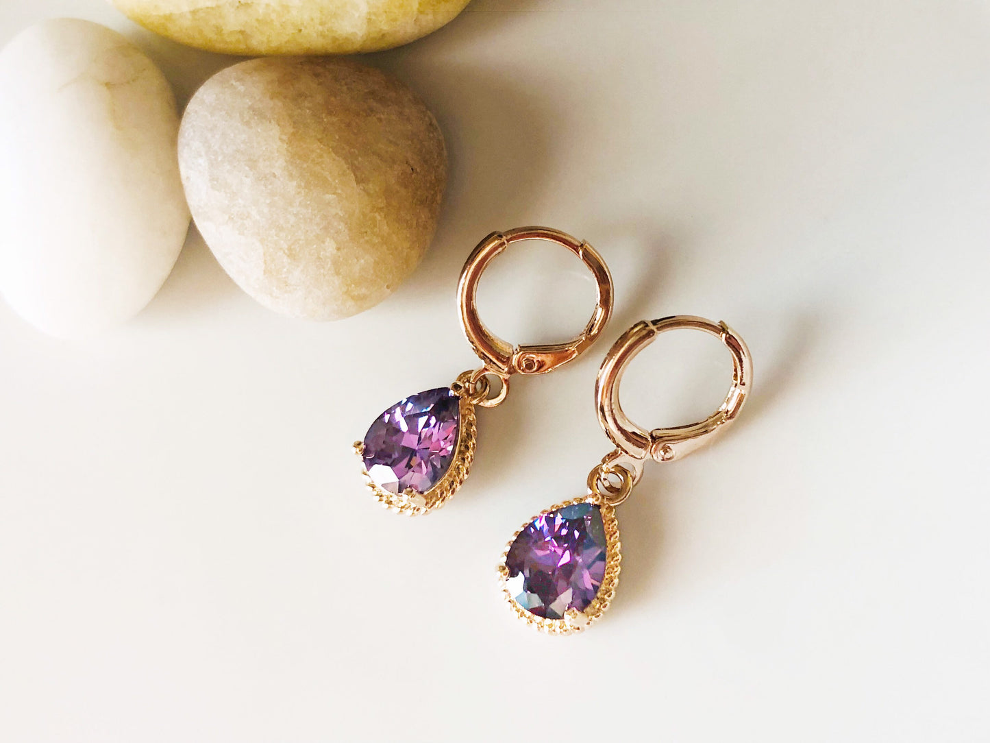 Amethyst gemstone huggie dangling earring, small purple bezel gemstone earrings, gift for her, gift for girls, February birthstones