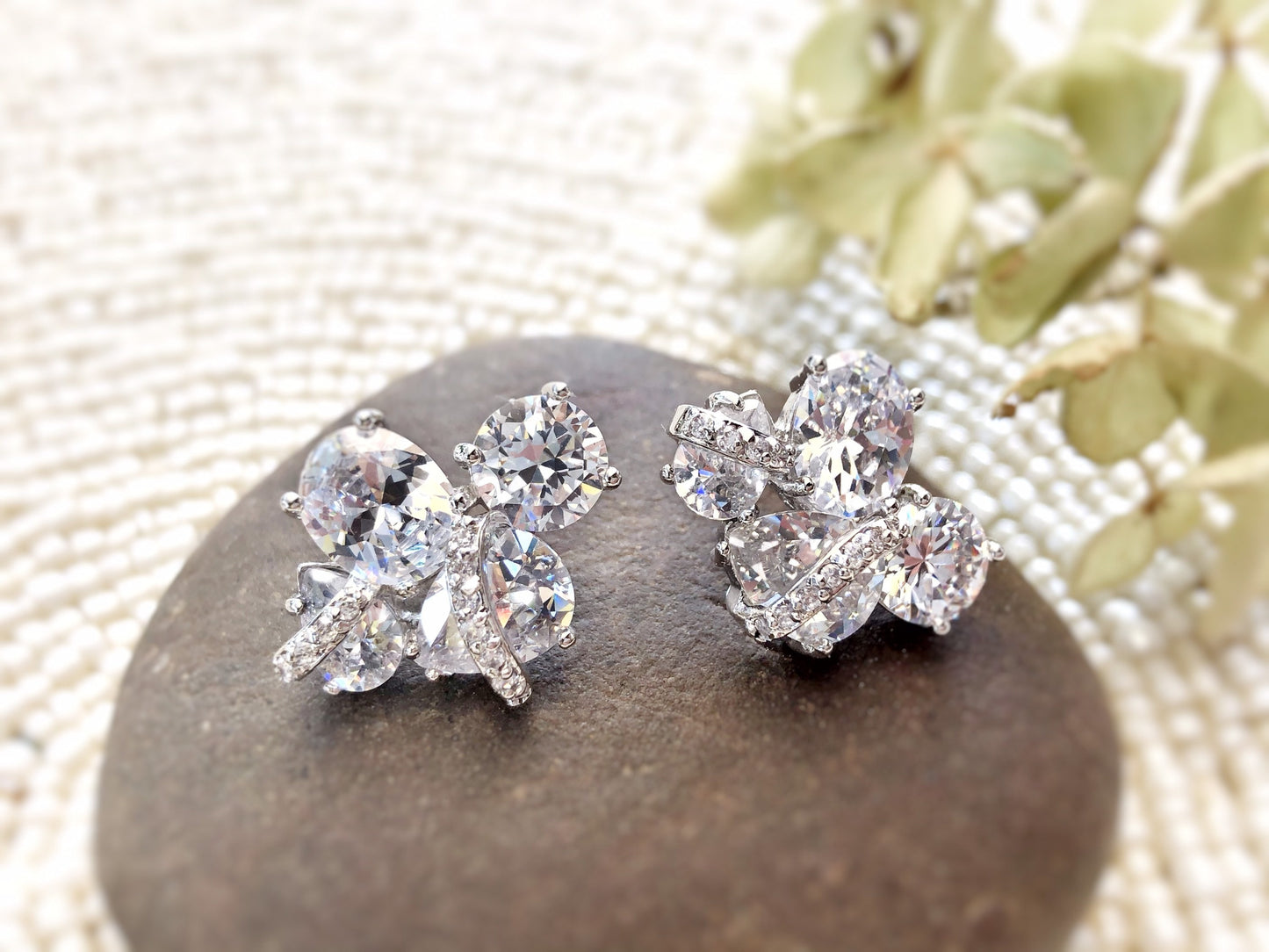 Cluster white sapphire statement earrings in 18k white gold filled, gift for her, gift for mom, bridal earrings