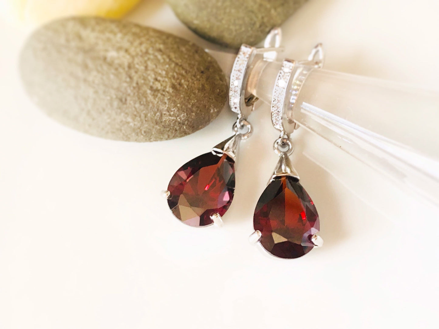 Teardrop garnet dangling earrings, red gemstone drop earrings, gift for her, gift for mom, red bridal earrings, January birthstone earrings