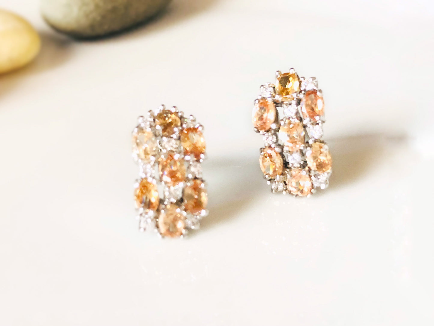 Honey topaz white sapphire cluster stud earrings, taupe gemstone studs, November birthstone, gift for her, gift for mom