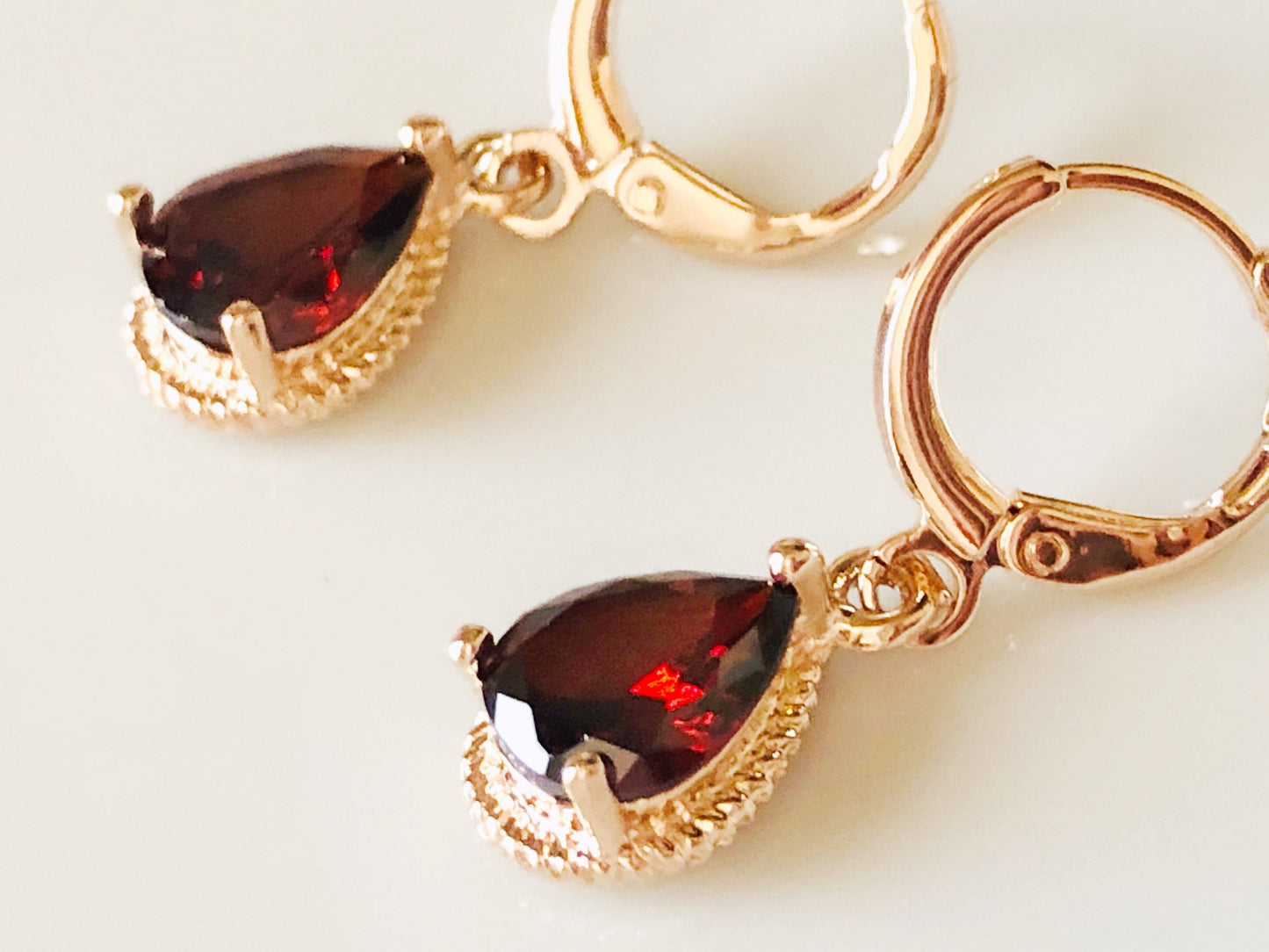 Garnet teardrop huggie dangle earrings 18k white gold, red gemstone bezel earrings, gift for her, gift for daughter, January birthstone