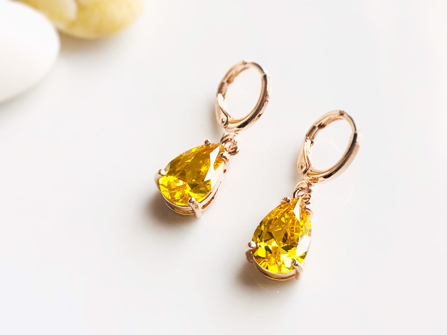 Citrine gemstone huggie dangling earring in 14K rose gold, November birthstone, yellow gemstone earrings, gift for her, gift for girl