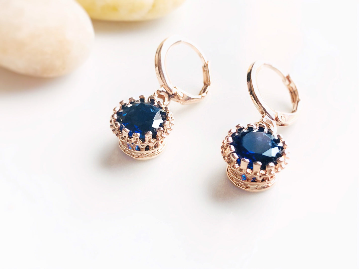 Blue sapphire 8mm dangle earrings, blue gemstone round bezel earrings, gift for her, gift for daughter, September birthstone