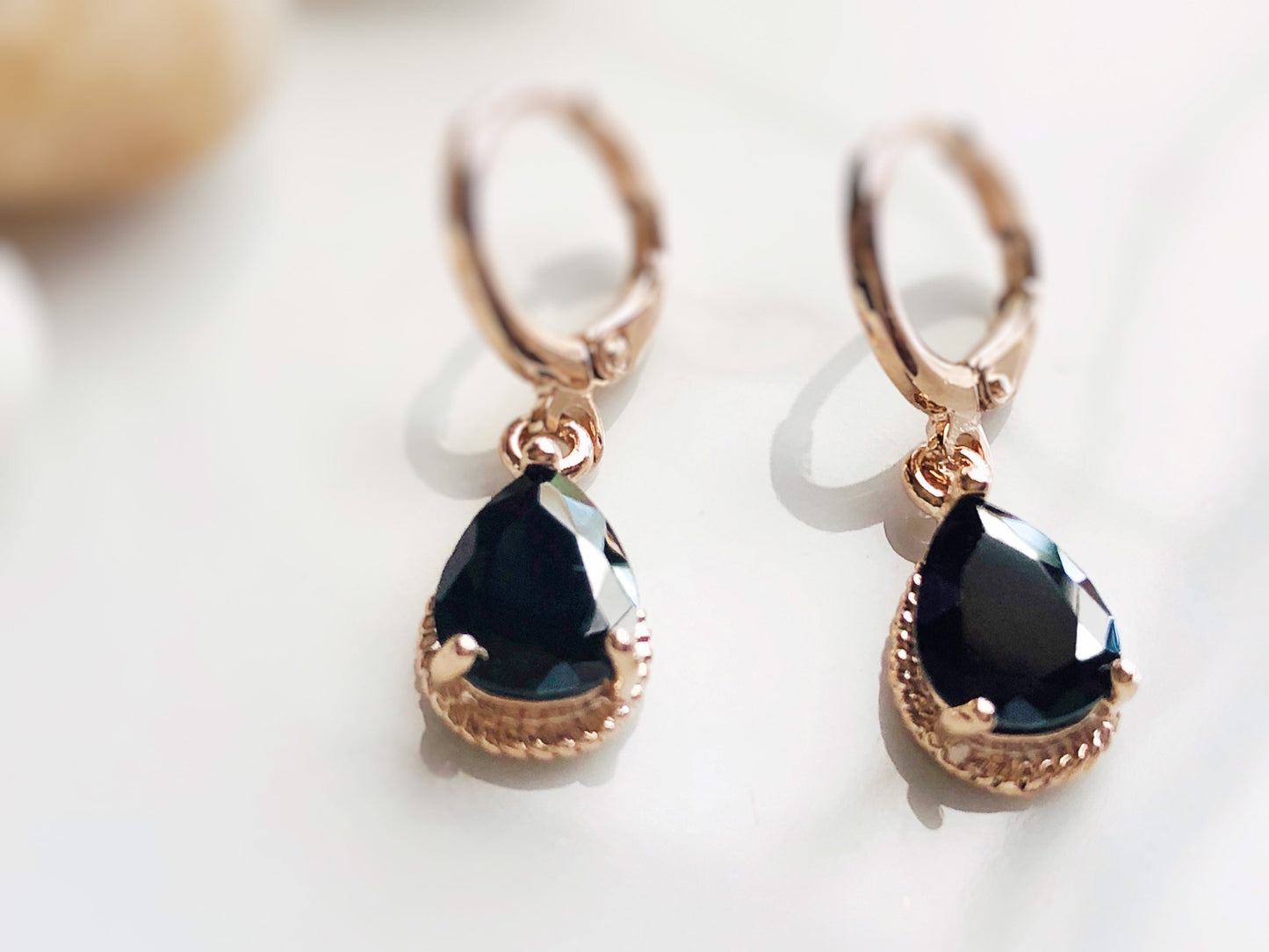 Teardrop onyx gemstone dangling huggie earrings, small black bezel gemstone earrings, gift for woman