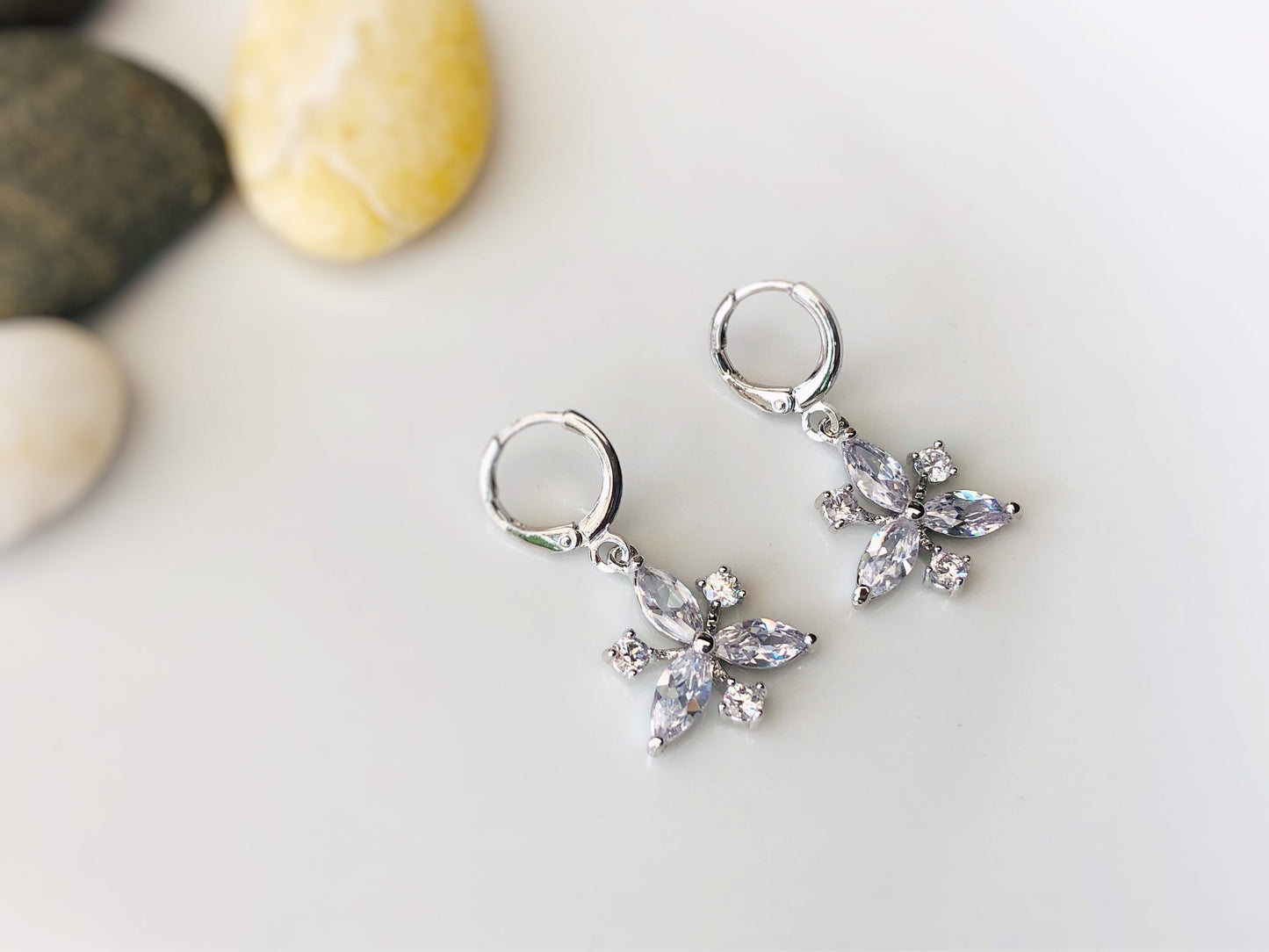 White sapphire cluster dangling earring in 18k white gold filled, snowflake drop earrings, gift for her, gift for mom