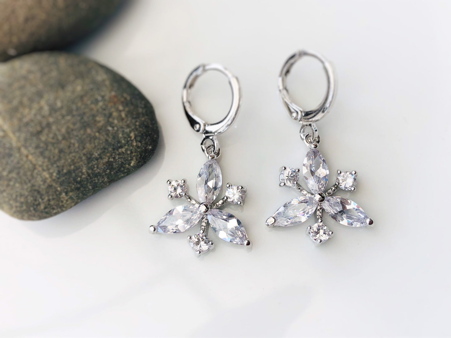 White sapphire cluster dangling earring in 18k white gold filled, snowflake drop earrings, gift for her, gift for mom