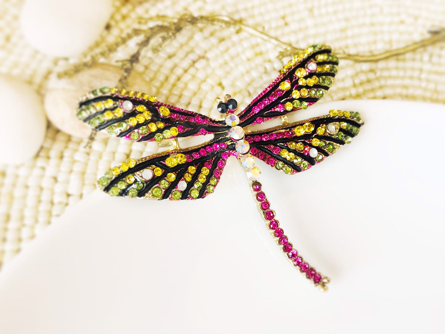 Multicolored dragonfly crystal brooch pin in gold, gift for her, gift for mom