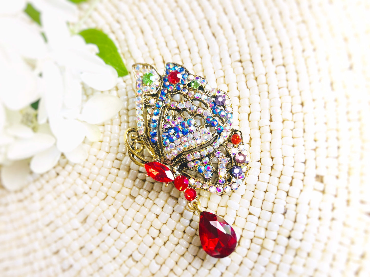 Multicolored butterfly crystal brooch pin antique gold, rainbow crystal brooch, red crystal pendant, gift for her, gift for mom