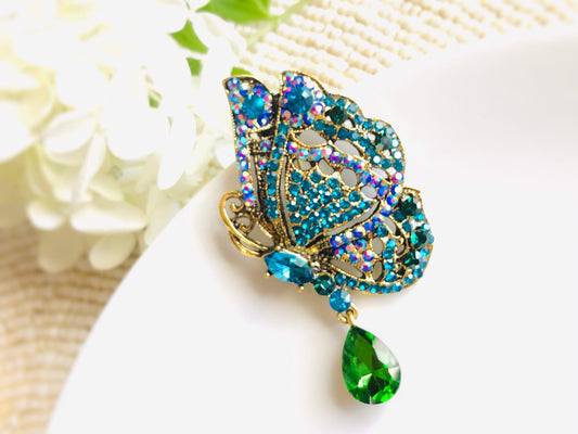 Green blue butterfly crystal brooch pin antique gold, rainbow crystal brooch, multicolored crystal pendant, gift for her, gift for mom