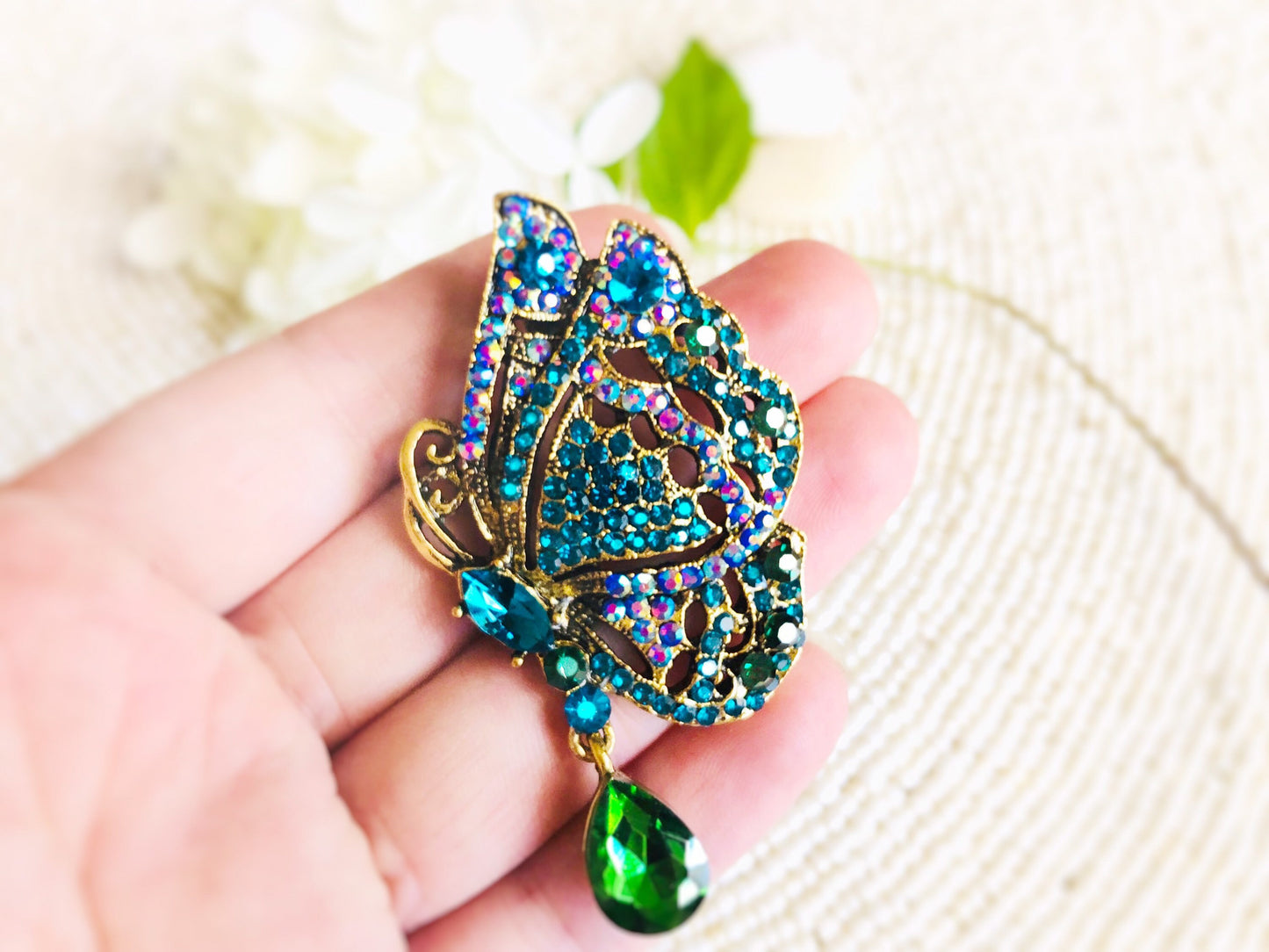 Green blue butterfly crystal brooch pin antique gold, rainbow crystal brooch, multicolored crystal pendant, gift for her, gift for mom