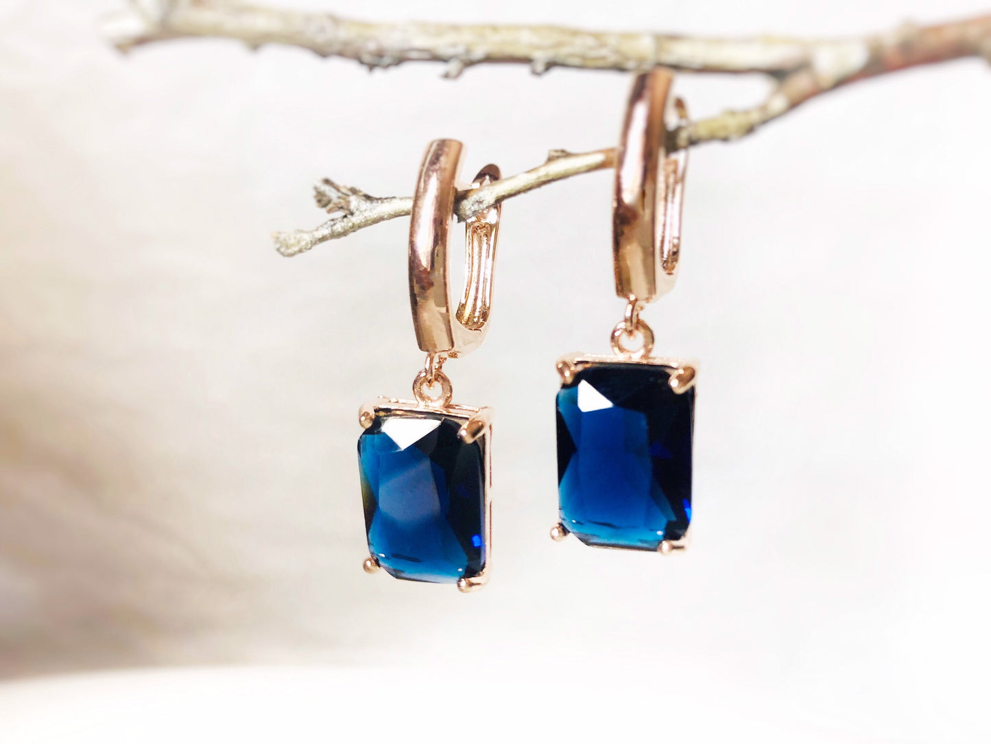 Emerald cut sapphire dangle earrings, blue gemstone earrings, gift for her, gift for mom, September birthstone