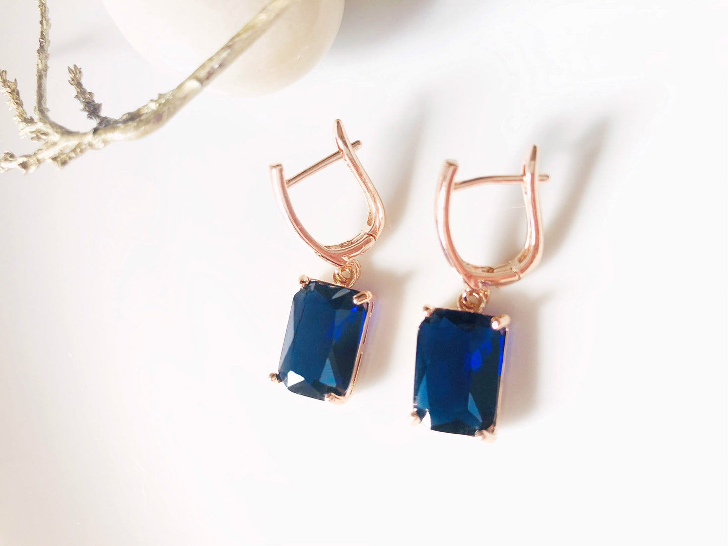 Emerald cut sapphire dangle earrings, blue gemstone earrings, gift for her, gift for mom, September birthstone