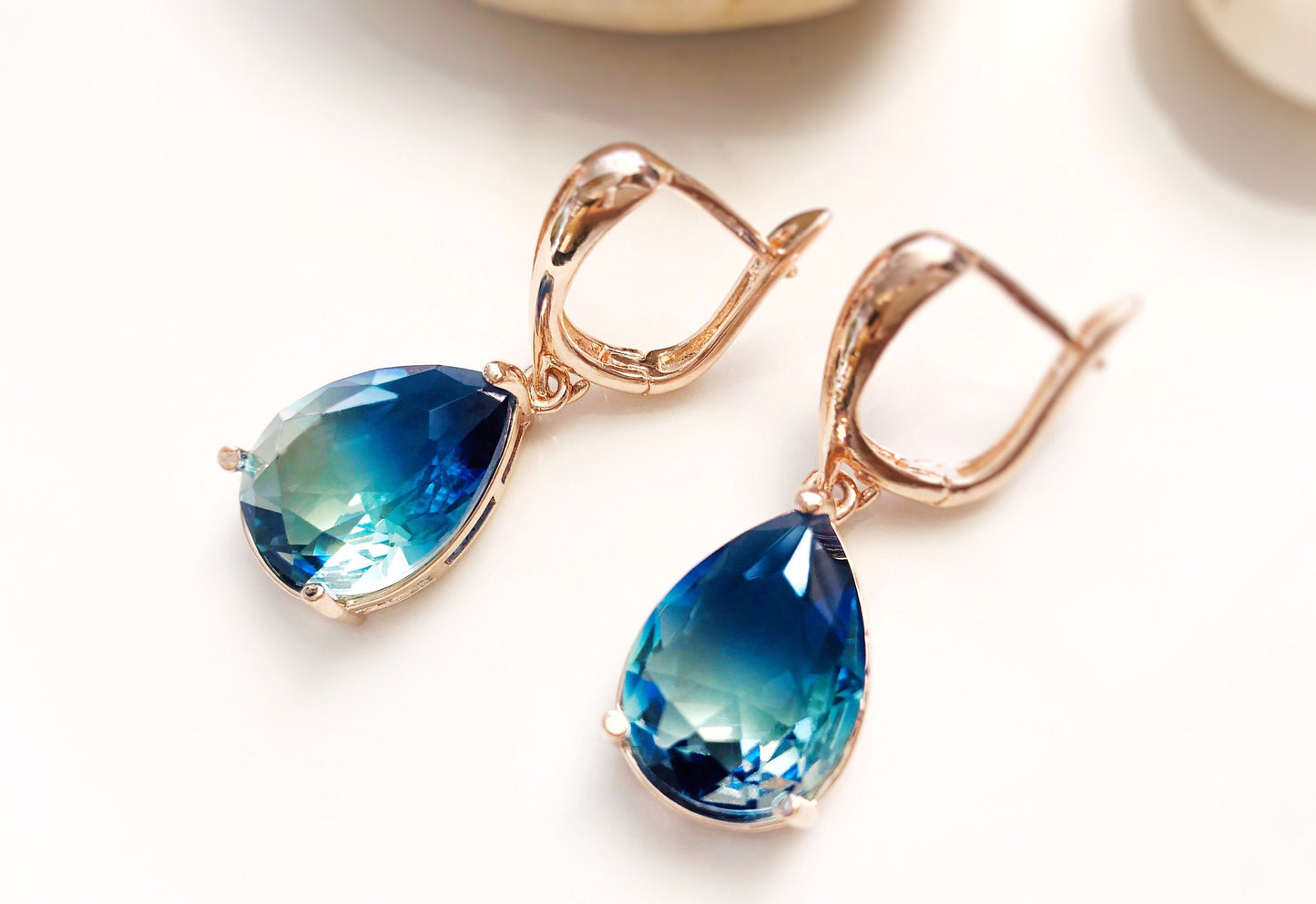 Large bicolor sapphire earring 14k gold, large teardrop bicolor sapphire dangles, gift for her, gift for mom