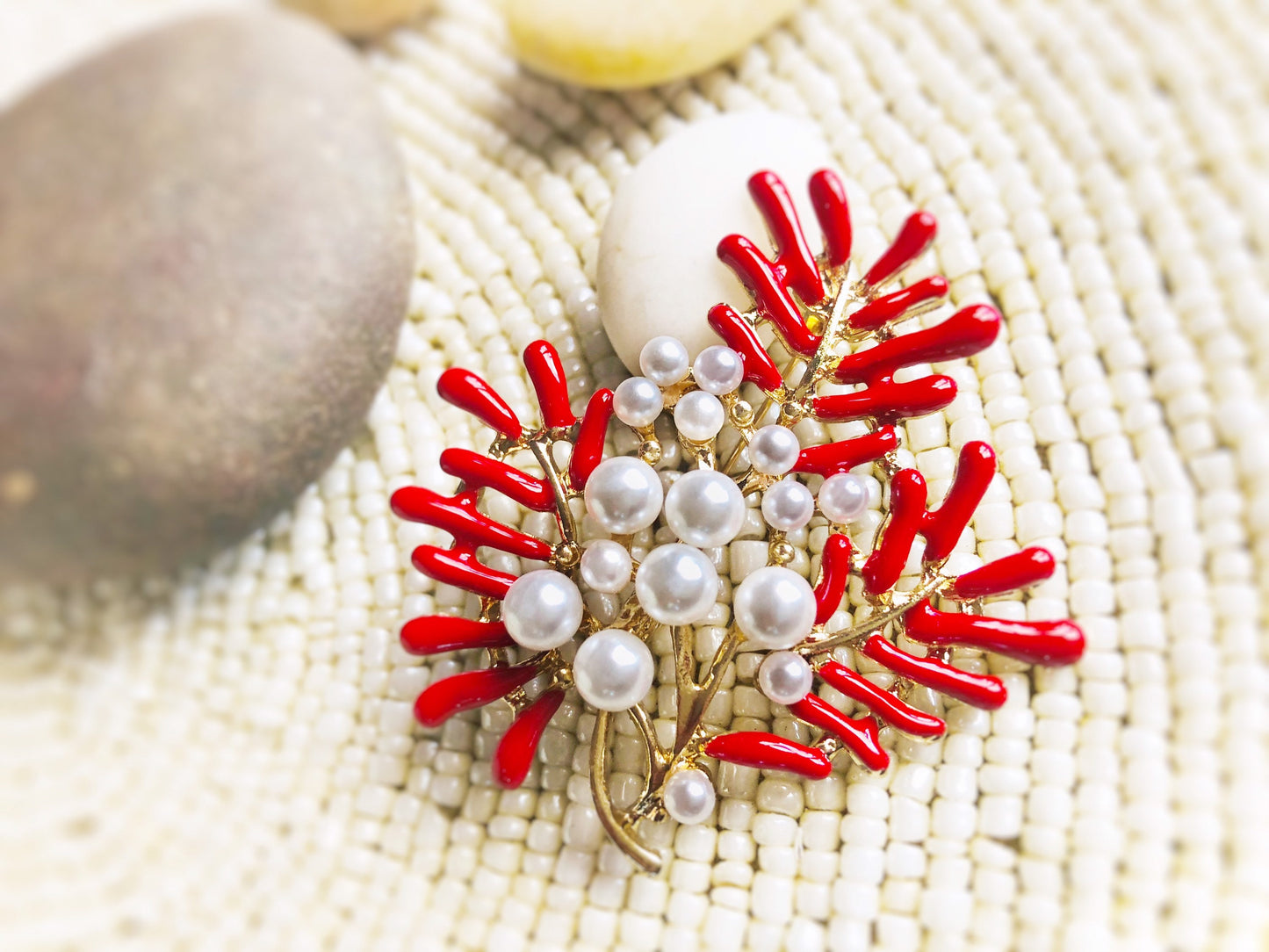 Red coral enameled and white pearls large brooch pin in 14K gold plated, pearl brooch, gift for her, gift for mom