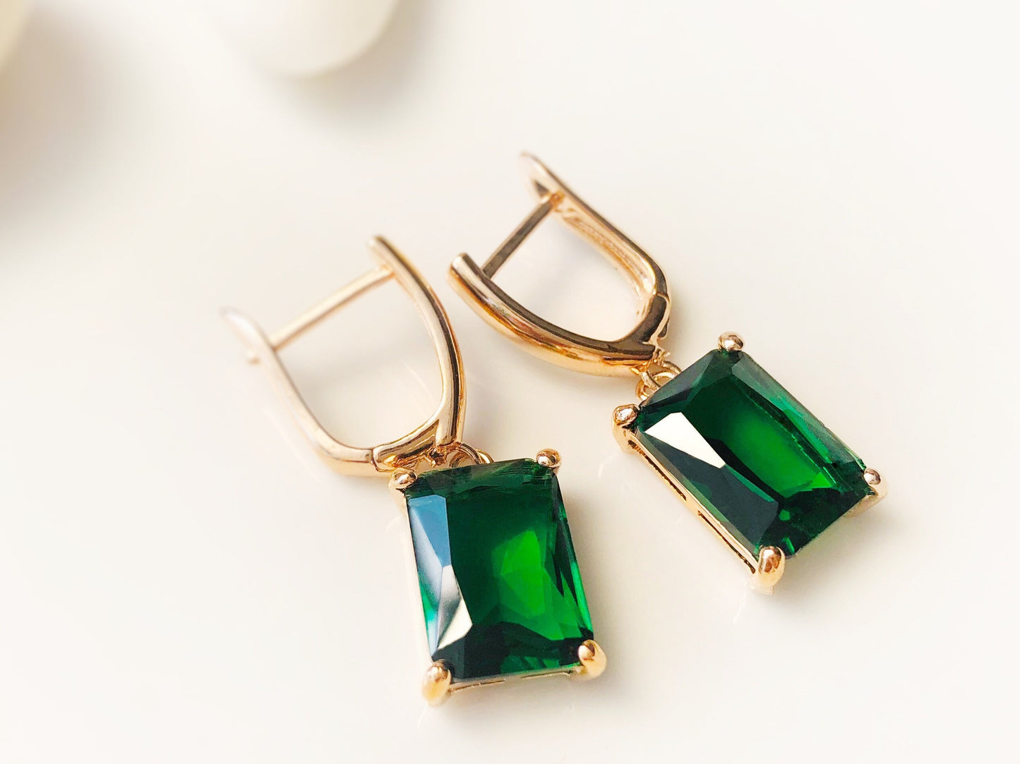 Large emerald cut emerald dangling earrings, May birthstone, green gemstone drop earrings, gift for her, gift for mom