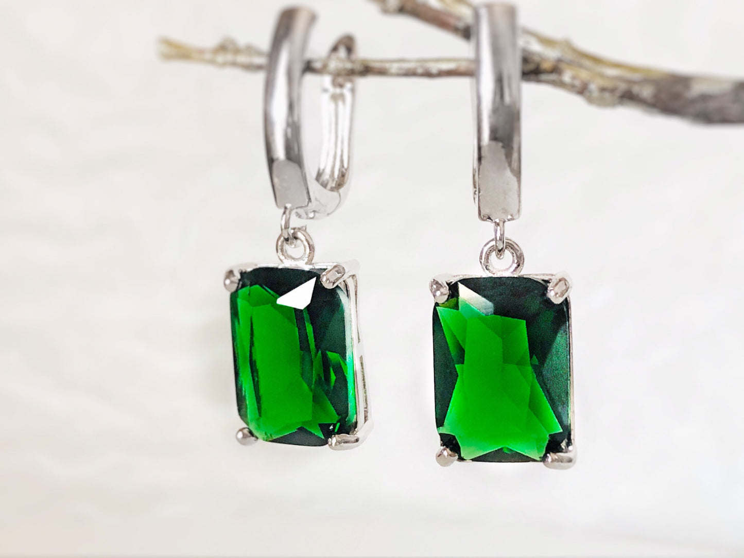 Large emerald cut emerald dangling earrings, May birthstone, green gemstone drop earrings, gift for her, gift for mom